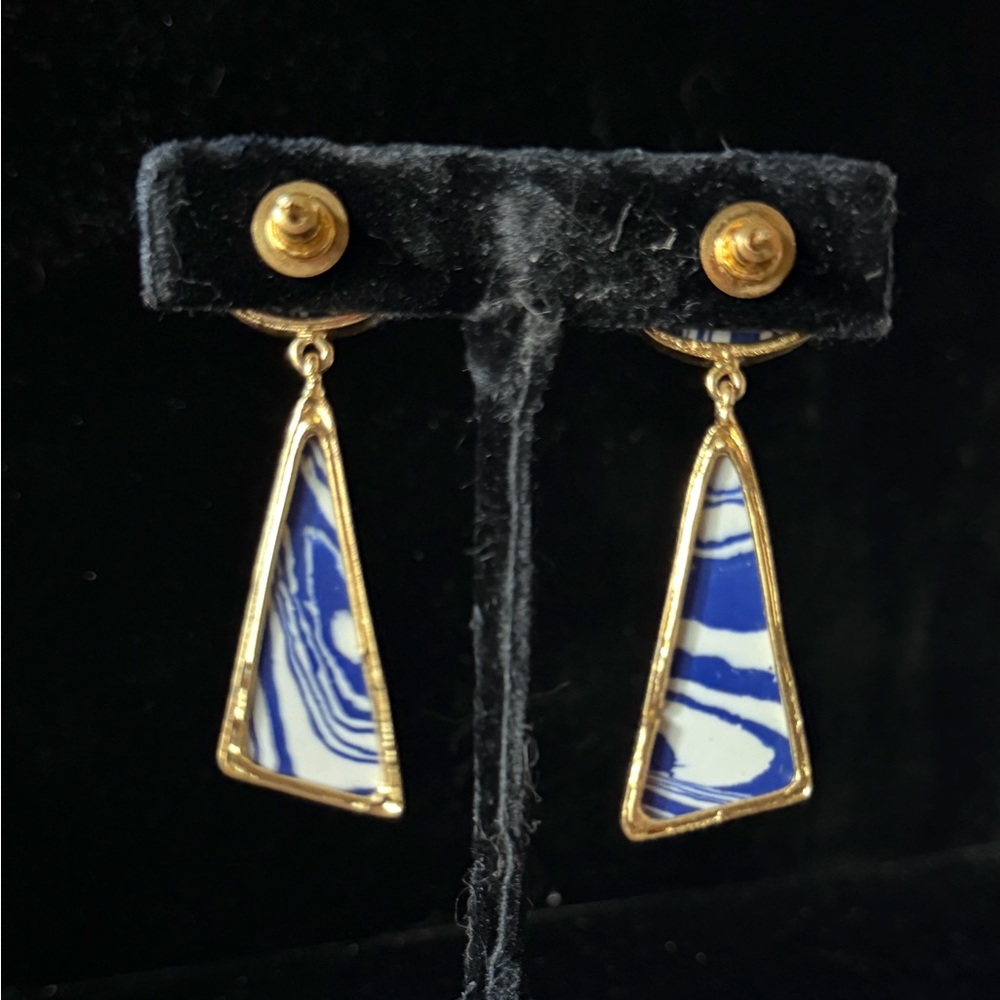 Blue and White Patterned Triangle Gold Border Dangling Statement Post Earrings - Picture 12 of 16